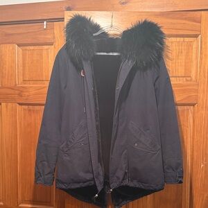 Women's Black Fur-Trimmed Jacket. Anorak parka